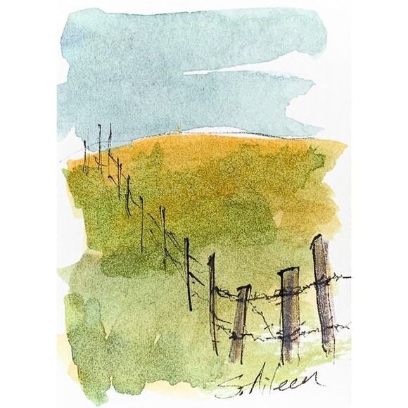 ACEO Landscape Painting Watercolor Country Field Fence Posts Hills III Signed - Picture 1 of 2